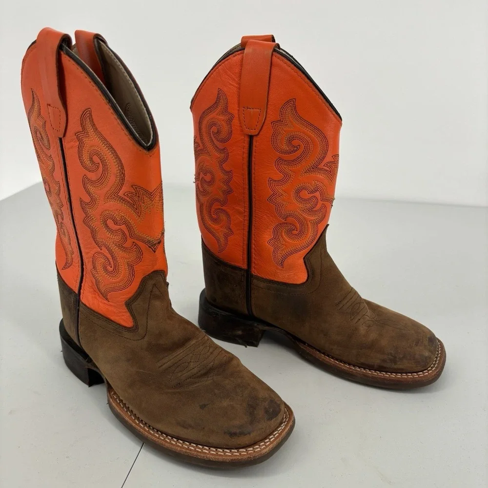 Old West Cowboy Boots Youth Size 13.5 Brown Orange Western Square Toe Kids Rodeo